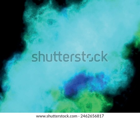 Blue watercolor paint backgrounds. Colorful ink water color bleed, fringe, vibrant distressed grunge texture. Abstract light blue green powder splatted clouds. Powder explosion on black dust explode