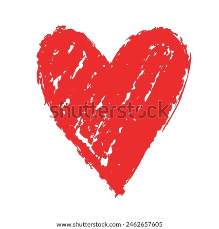 Crayon doodle hearts. Grunge texture red heart clip art. Modern romance heart, isolated on white background, vector graphic