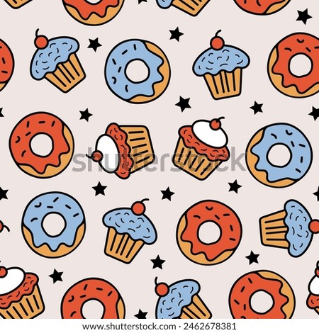 Fun and colorful pattern of decorated cupcakes and doughnuts, interspersed with small black stars on a white background. Blue and red icing tops the pastries, cupcakes with a cherry on top.