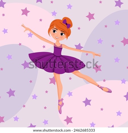 A cartoon ballerina girl in a purple dress flying in the sky with stars
