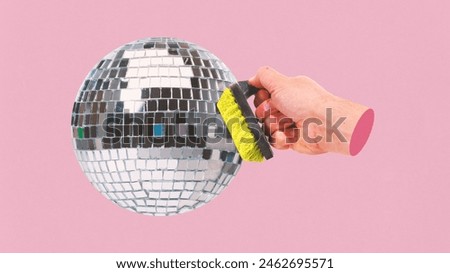Poster. Contemporary art collage. Hand with brush, cleaning to shine disco ball against pastel pink background. Concept of parties, celebration, holidays, music and dance. Ad