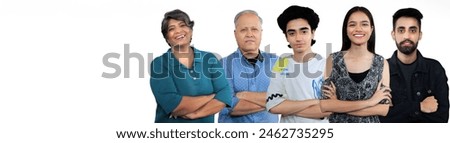 Indian happy diverse entrepreneur people standing confident cross arms looking camera pose for head shot portrait at office. Smiling freelance expert business worker team member fold hand indoor home