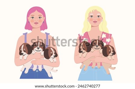 Vector of two girls with bright hair holding three puppies each, showcasing love for animals and joyful companionship Royalty-Free Stock Photo #2462740277