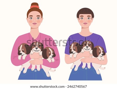 Vector of two girls with bright hair holding three puppies each, showcasing love for animals and joyful companionship Royalty-Free Stock Photo #2462740567