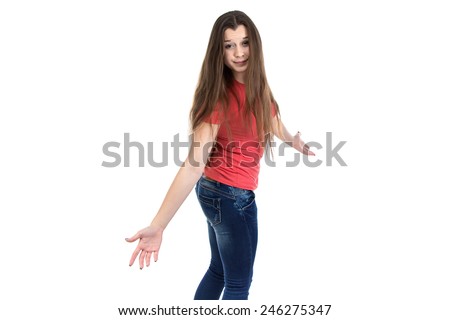 Image of confused teenage girl on white background