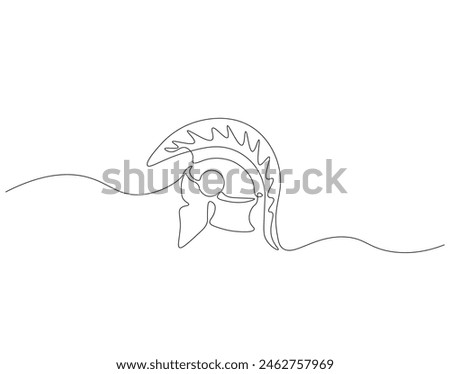 Continuous one line drawing of Sparta helmet. One line drawing illustration spartan helmet of roman warrior. Ancient greek warrior concept continuous line art. Editable outline.
 Royalty-Free Stock Photo #2462757969