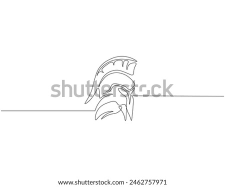 Continuous one line drawing of Sparta helmet. One line drawing illustration spartan helmet of roman warrior. Ancient greek warrior concept continuous line art. Editable outline.
 Royalty-Free Stock Photo #2462757971