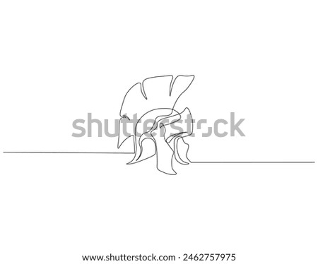 Continuous one line drawing of Sparta helmet. One line drawing illustration spartan helmet of roman warrior. Ancient greek warrior concept continuous line art. Editable outline.
 Royalty-Free Stock Photo #2462757975