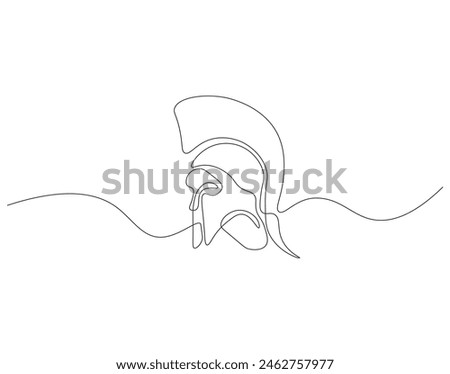 Continuous one line drawing of Sparta helmet. One line drawing illustration spartan helmet of roman warrior. Ancient greek warrior concept continuous line art. Editable outline.
 Royalty-Free Stock Photo #2462757977