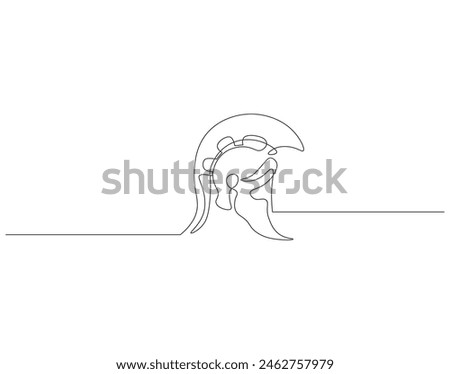 Continuous one line drawing of Sparta helmet. One line drawing illustration spartan helmet of roman warrior. Ancient greek warrior concept continuous line art. Editable outline.
 Royalty-Free Stock Photo #2462757979