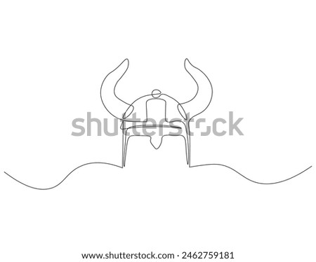 Continuous one line drawing of viking helmet. One line drawing illustration horned helmet in medieval. Ancient greek seaman concept continuous line art. Editable outline. Royalty-Free Stock Photo #2462759181