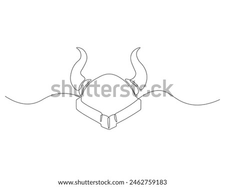 Continuous one line drawing of viking helmet. One line drawing illustration horned helmet in medieval. Ancient greek seaman concept continuous line art. Editable outline. Royalty-Free Stock Photo #2462759183