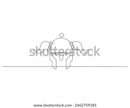 Continuous one line drawing of viking helmet. One line drawing illustration horned helmet in medieval. Ancient greek seaman concept continuous line art. Editable outline. Royalty-Free Stock Photo #2462759185