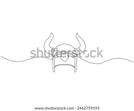 Continuous one line drawing of viking helmet. One line drawing illustration horned helmet in medieval. Ancient greek seaman concept continuous line art. Editable outline. Royalty-Free Stock Photo #2462759193