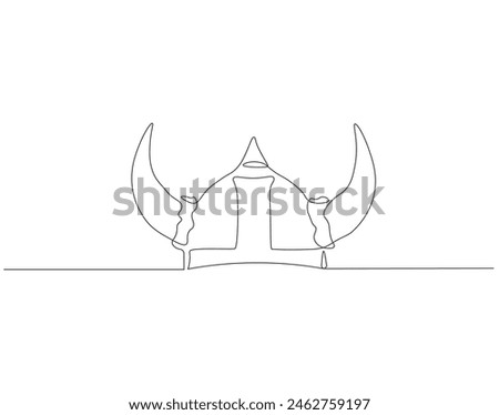 Continuous one line drawing of viking helmet. One line drawing illustration horned helmet in medieval. Ancient greek seaman concept continuous line art. Editable outline. Royalty-Free Stock Photo #2462759197