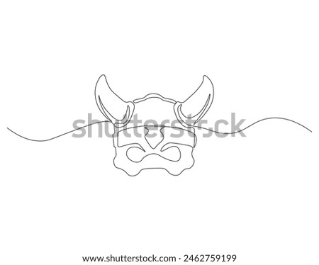 Continuous one line drawing of viking helmet. One line drawing illustration horned helmet in medieval. Ancient greek seaman concept continuous line art. Editable outline. Royalty-Free Stock Photo #2462759199