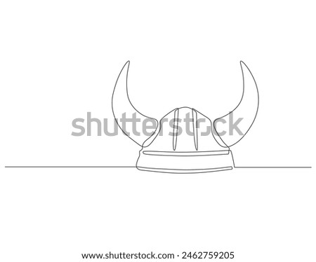 Continuous one line drawing of viking helmet. One line drawing illustration horned helmet in medieval. Ancient greek seaman concept continuous line art. Editable outline. Royalty-Free Stock Photo #2462759205