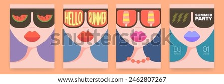 Woman with retro sunglasses 
with watermelon and ice cream reflection. Summer time and vacations background patterns and posters set. Perfect summer background for posters, cover art, flyer, banner.