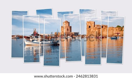 Isolated ten frames collage of picture of Methoni Castle. Spectacular morning seascape of Ionian sea. Picturesque morning scene of Peloponnese peninsula, Greece, Europe. Mock-up of modular photo.
