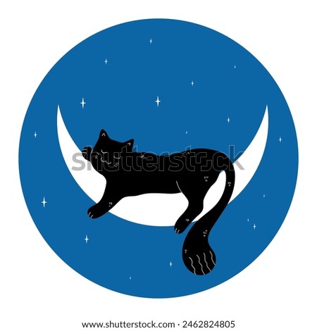 Cute black cat sleeping on a crescent on blue night sky background. Vector illustration