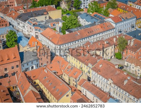 Kaunas old town, Lithuania. Panoramic drone aerial view photo of Kaunas city center with many old red roof houses, churches