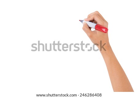 Hand holding red marker for writing isolated on white background Royalty-Free Stock Photo #246286408