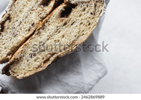 Overhead view of sliced date jam filled bread, flatlay of date filled bread slices Royalty-Free Stock Photo #2462869889
