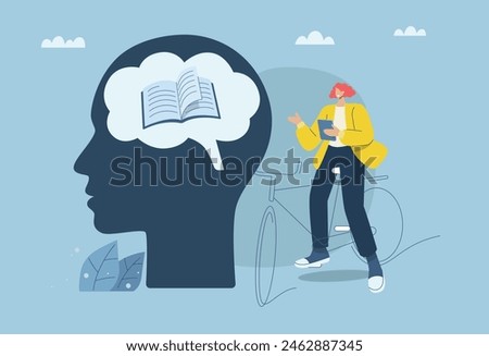Search for more knowledge in the brain, Young man riding a bicycle using a tablet, Vector design illustration.