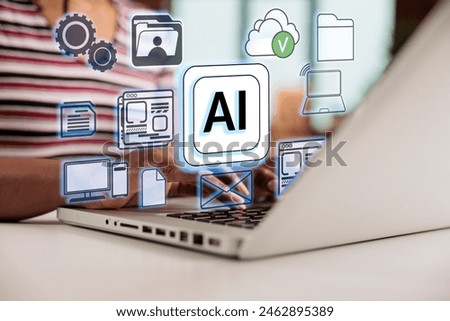 Woman working on laptop with virtual icon network diagram and AI technology, carrying out day to day tasks. Person using smart things services, multitasking for global communication linkage. Royalty-Free Stock Photo #2462895389