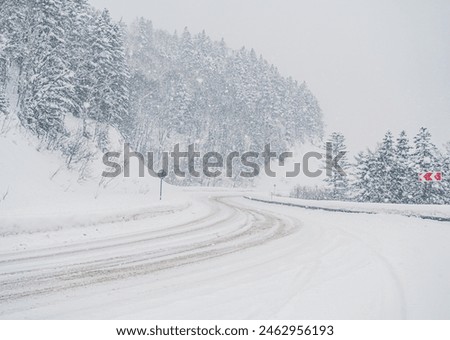 Winter snowstorm on a mountain road with dense forest in broad daylight