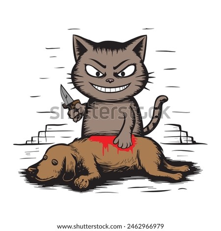 Funny cat killed or murdered the dog with a hilarious expression and quote. Vector illustration for tshirt, website, clip art, poster and print on demand merchandise.