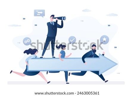 Shared goals, teamwork. Business people running with big arrow and aim at target. Businessman leader uses spyglass for business vision. Successful team develop project. Cooperation, company strategy.