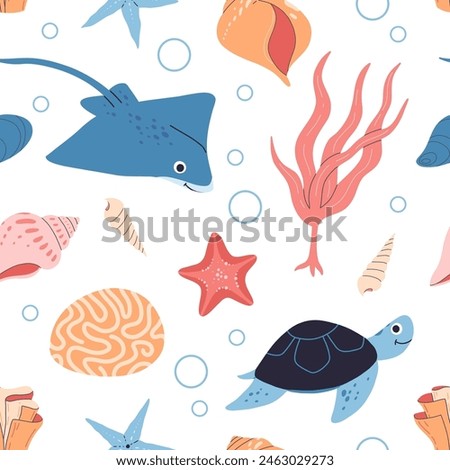 Sea animals, fish, whale, jellyfish, shell, coral and seaweed, crab, starfish. Seamless pattern of hand drawn sea life creatures and elements. Vector doodle cartoon set of marine life objects.