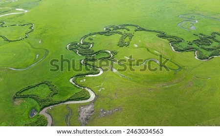 Aerial photography of the nine twists and turns of the Uragai River in the Uragai Grassland in Inner Mongolia