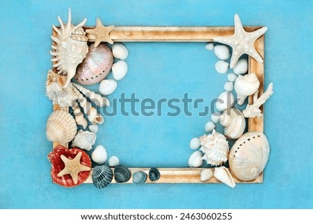 Seashell abstract background with gold grunge picture frame on mottled blue background. Natural nature design with large collection of shells.