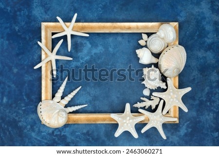 Seashell abstract with white shells on mottled blue background with gold frame. Nature design with exotic and tropical varieties.