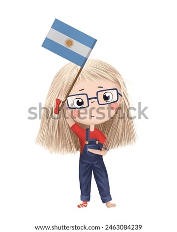 Funny cute girl with flag of Argentina. Bright clip art isolated
