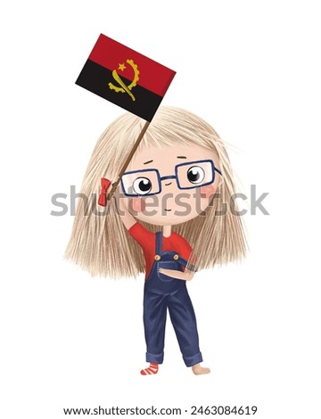 Funny cute girl with flag of Angola. Bright clip art isolated