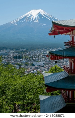Mt Fuji and Chureito Pagoda on a late Spring day in Fujiyoshida, Yamanashi, Japan