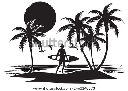silhouette palm tree surfing man beach