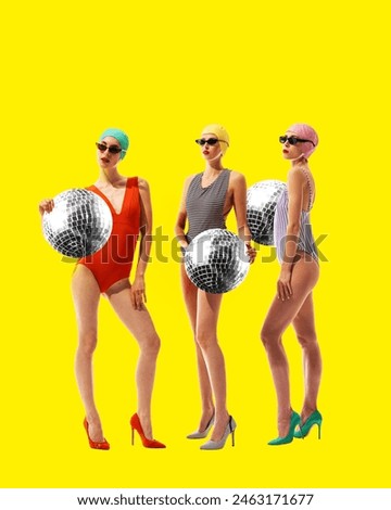 Three women in swimsuits and swim caps holding disco balls against bright yellow background. Contemporary art collage. Concept of summertime, surrealism, abstract creative design, pop art. Beach party