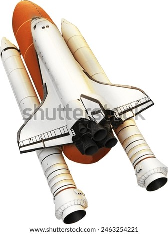 A space shuttle soars into space.on white background