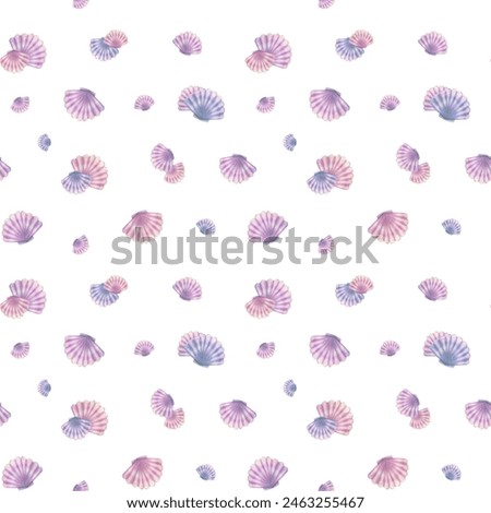 Seashells scallops in blue, lilac and pink colors on a white background. Watercolor illustration. Seamless pattern. For fabrics, textiles and wallpaper, prints, wrapping paper and design