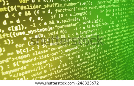 Visual modern display of data source code. Programming code abstract screen of software developer. Computer script. Green and yellow color. 
