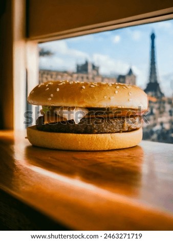  A gourmet burger featuring a juicy beef patty, melted cheese, and fresh lettuce, artfully presented on a wooden surface with the iconic Eiffel Tower and Paris cityscape in the background