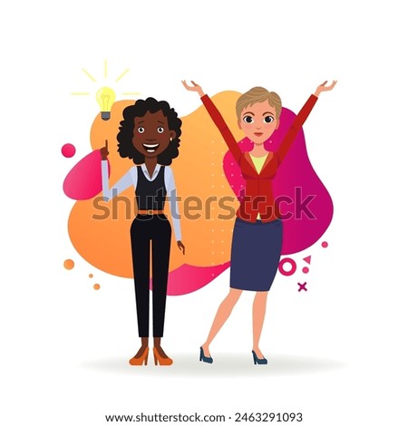 Two businesswomen having new idea for business. African American and Caucasian characters in formal wear with lightbulb. Vector illustration. Business, startup, success concept for banner, web design