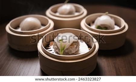 Dim Sum: Chinese bite-sized dishes served in small steamer baskets.
 Royalty-Free Stock Photo #2463323827