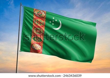 Flag of Turkmenistan waving flag on sunset view