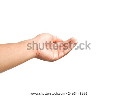 The man's hand open and stretched forward. It makes your hands look like they're holding something. Or filtering something or holding something isolated on white background business concept.