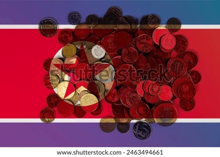 North Korea economic situation, banking and money, economy and finance concept, North Korea flag with changes, financial values with coins, news banner idea